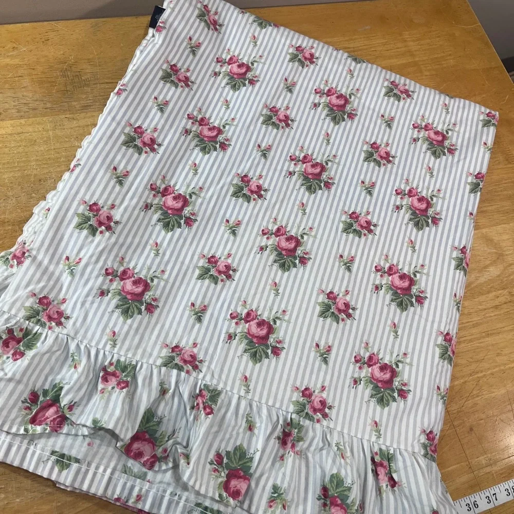 Vtg Ralph Lauren Emma Blue Floral Rose Ticking Stripe Ruffle Full Flat Sheet USA
